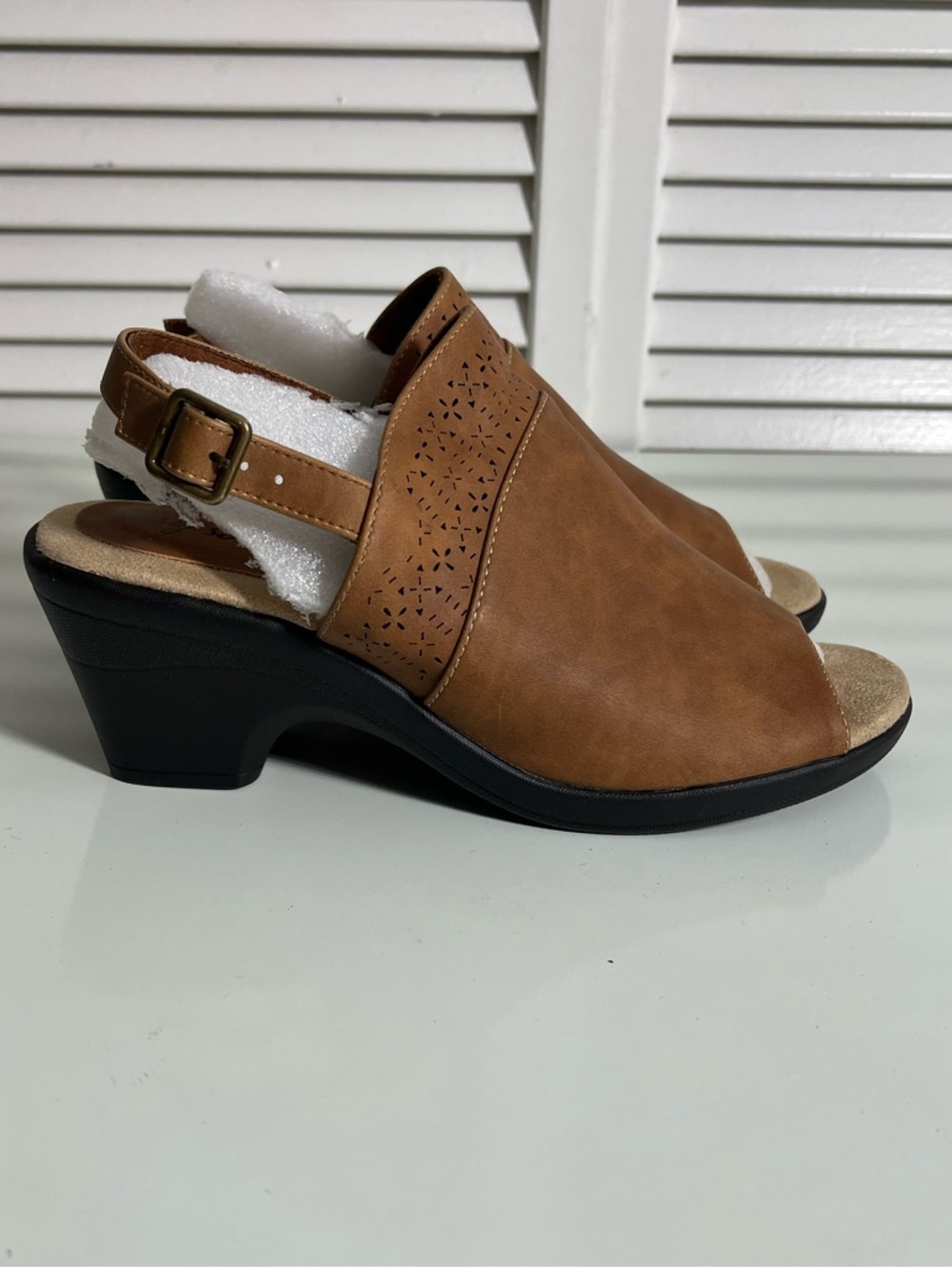 easy street Brown Slingback Peep-Toe Heeled Sandal with Laser-Cut Accent